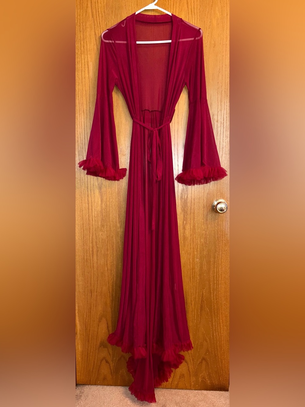Unique Vintage 1940s Sheer LONG Burgundy Robe Ruffle Bell Sleeves Tie Belt XS